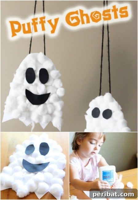A playful collection of puffy ghosts made from cotton balls, each with a unique expression, perfect for a soft Halloween decoration.