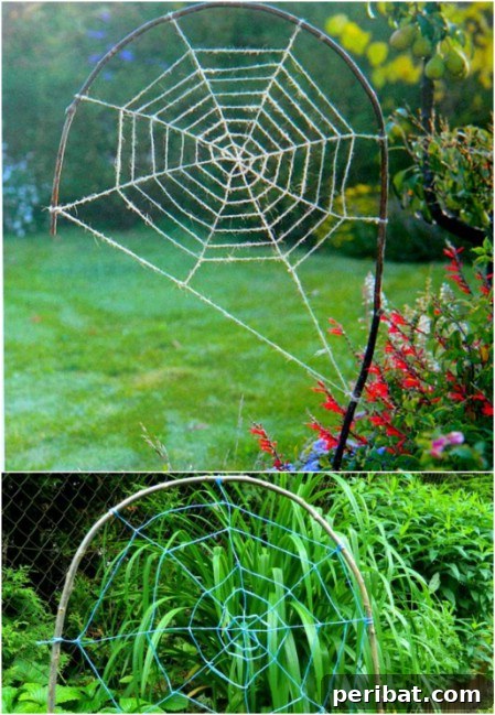 A large, rustic garden spiderweb adorned with charming handmade spiders, elegantly displayed outdoors for Halloween.