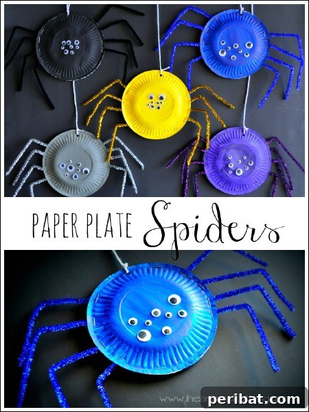 A charming paper plate spider craft with pipe cleaner legs, set against a whimsical Halloween background.