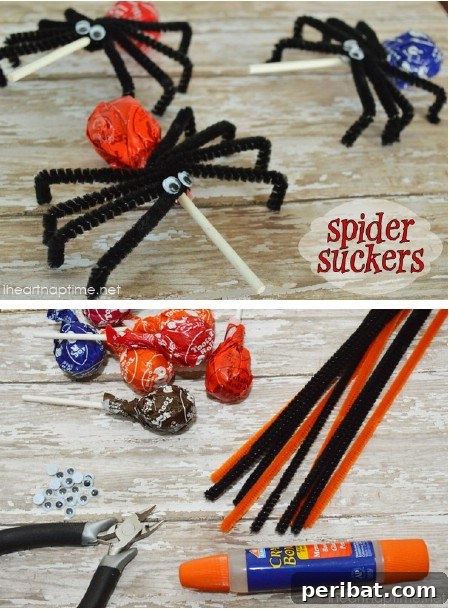 A charming assortment of spider lollipops, each adorned with googly eyes and pipe cleaner legs, perfect for Halloween treats.