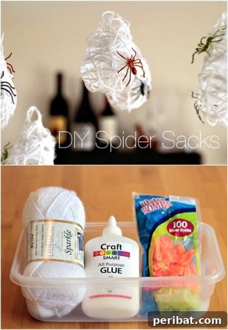 Eerie spider sacks, made from yarn and glue, hanging mysteriously, creating a spooky atmosphere for Halloween decor.