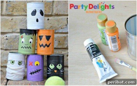 A festive tin can bowling set, featuring Halloween-themed painted cans, ready for a fun holiday game.