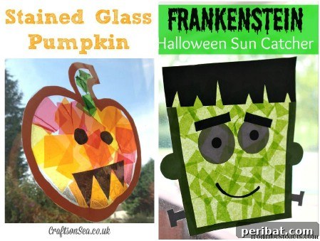 Beautiful stained glass Halloween decorations featuring Frankenstein and a pumpkin, designed as suncatchers for windows.