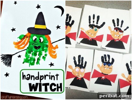 Creative handprint characters, featuring a vampire and a witch, transforming children's handprints into festive Halloween art.