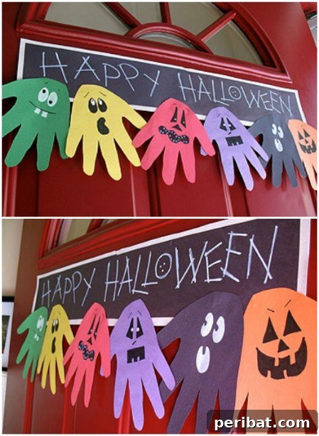 A festive Halloween banner created from handprint cutouts, decorated as spooky ghouls and ghosts, extending a playful greeting.
