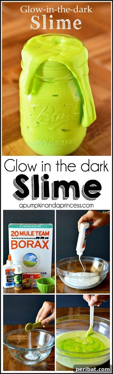 Vibrant green glow-in-the-dark slime, showcasing its gooey texture and radiant glow, perfect for a spooky Halloween activity.