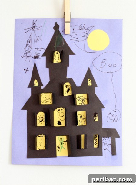 A whimsical haunted house craft, featuring cutout windows revealing spooky silhouettes, perfect for a creative Halloween project.