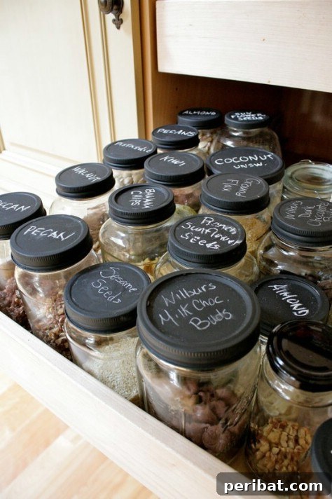 85 Genius Home Organization and Storage Hacks for Every Space 15 Ingredient jars with chalkboard paint labels