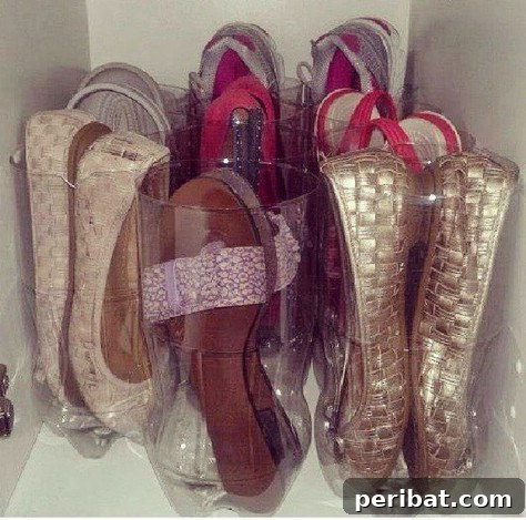 85 Genius Home Organization and Storage Hacks for Every Space 22 Shoes stored with plastic soda bottle tops supporting the toes