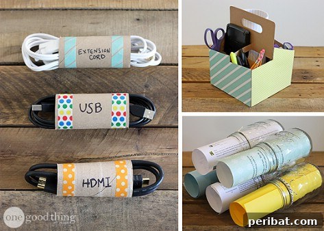85 Genius Home Organization and Storage Hacks for Every Space 25 Cords neatly stored and labeled in decorated toilet paper tubes