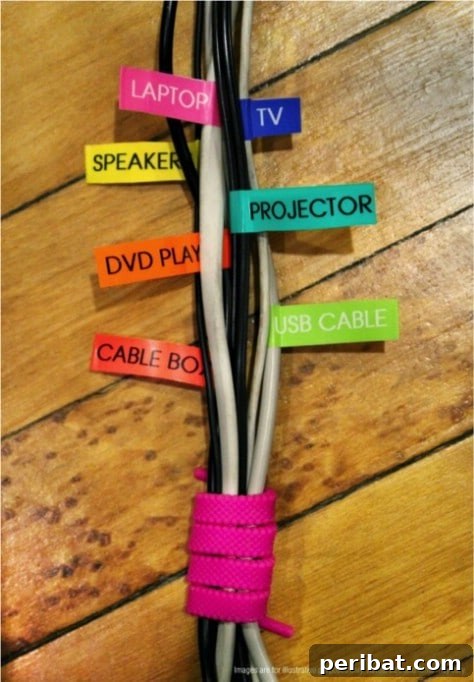 85 Genius Home Organization and Storage Hacks for Every Space 26 Cords labeled with colorful, vibrant tags