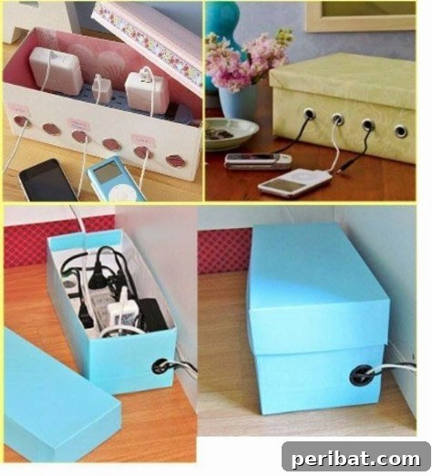 85 Genius Home Organization and Storage Hacks for Every Space 28 Power strip and cords neatly concealed in a shoebox