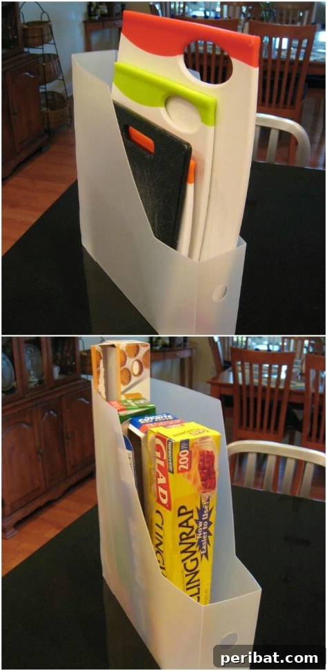 85 Genius Home Organization and Storage Hacks for Every Space 4 Plastic wrap boxes stored in magazine holders