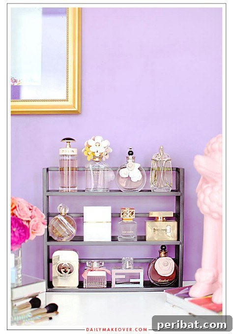 85 Genius Home Organization and Storage Hacks for Every Space 35 Perfume bottles displayed on a white tiered spice rack