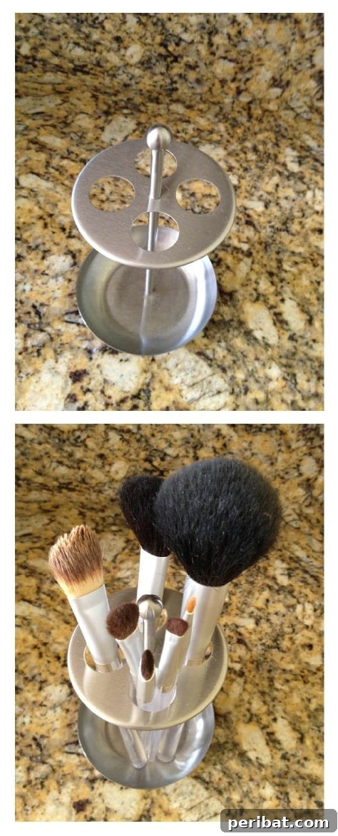 85 Genius Home Organization and Storage Hacks for Every Space 36 Makeup brushes stored upright in a toothbrush holder