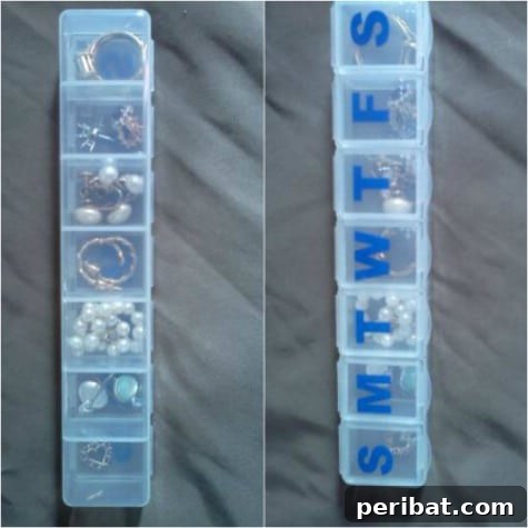85 Genius Home Organization and Storage Hacks for Every Space 41 A weekly pill box used to organize small jewelry items for travel