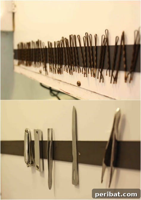 85 Genius Home Organization and Storage Hacks for Every Space 46 Magnetic strip on a medicine cabinet holding bobby pins and tweezers