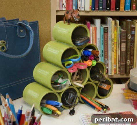 85 Genius Home Organization and Storage Hacks for Every Space 52 Painted tin cans glued together as an office supply organizer