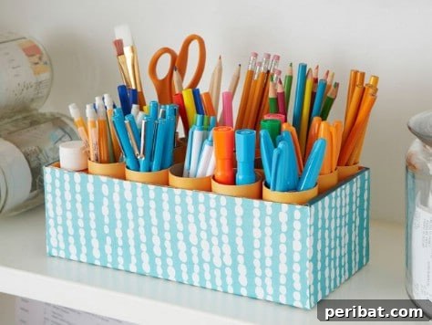 85 Genius Home Organization and Storage Hacks for Every Space 54 Shoebox filled with toilet paper rolls to organize pens and supplies