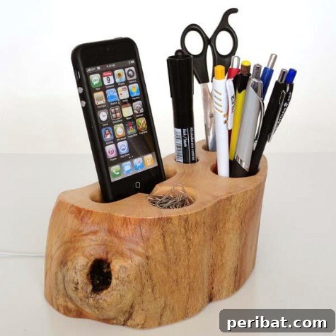 85 Genius Home Organization and Storage Hacks for Every Space 56 Desk organizer made from a tree stump with various slots for office supplies