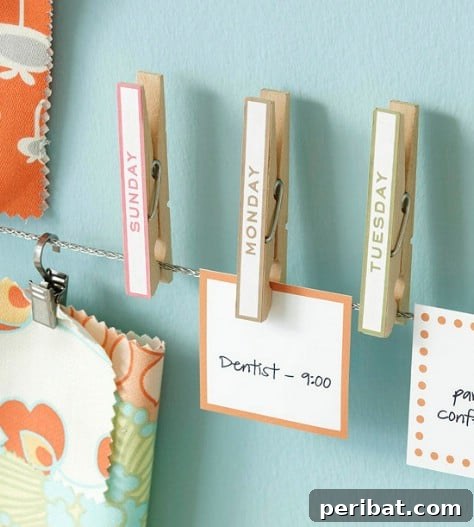 85 Genius Home Organization and Storage Hacks for Every Space 58 Clothesline with labeled clothespins for a weekly schedule