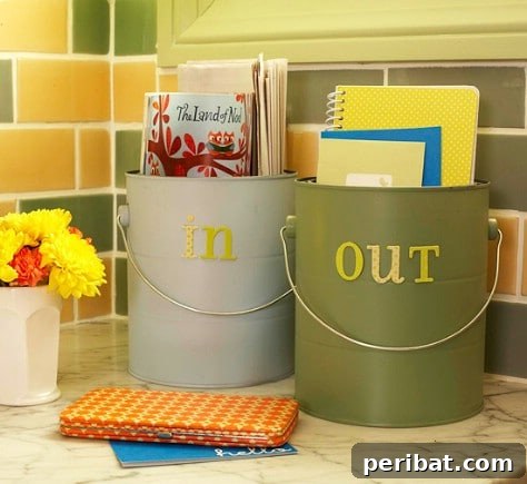 85 Genius Home Organization and Storage Hacks for Every Space 59 Labeled pails used for incoming and outgoing mail, and tasks