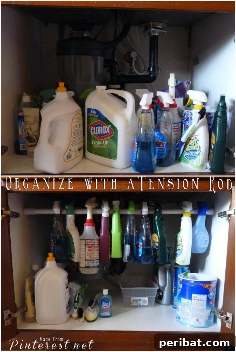85 Genius Home Organization and Storage Hacks for Every Space 7 Spray bottles hung on a tension rod under a sink