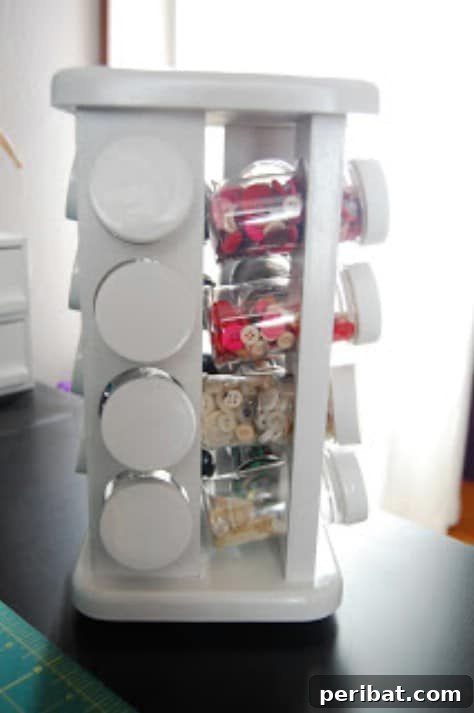 85 Genius Home Organization and Storage Hacks for Every Space 62 Spice rack repurposed to hold small craft supplies in jars