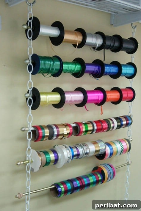 85 Genius Home Organization and Storage Hacks for Every Space 66 DIY ribbon holder made from curtain rods and chains