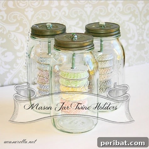 85 Genius Home Organization and Storage Hacks for Every Space 69 Mason jar with multiple spools of twine and openings for dispensing