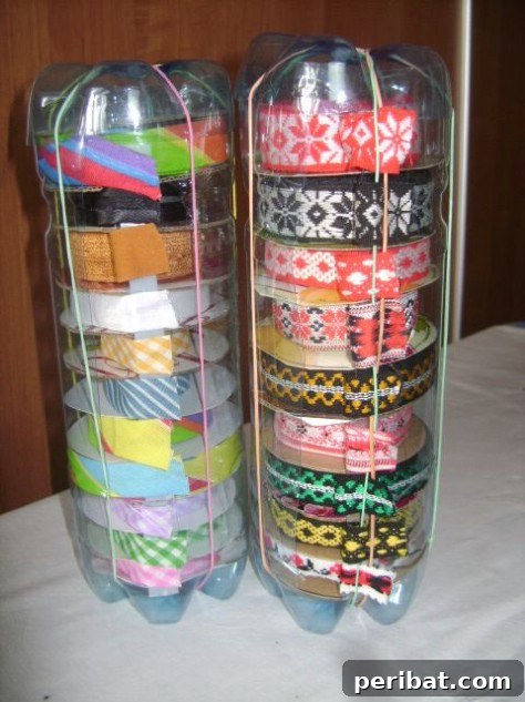 85 Genius Home Organization and Storage Hacks for Every Space 71 Ribbons and twine stored in cut plastic bottles held together with rubber bands