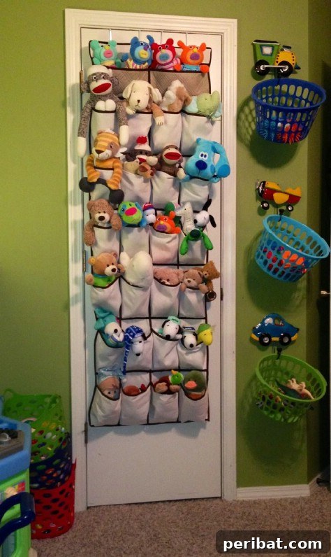 85 Genius Home Organization and Storage Hacks for Every Space 75 Plush toys neatly stored in the pockets of a hanging shoe organizer