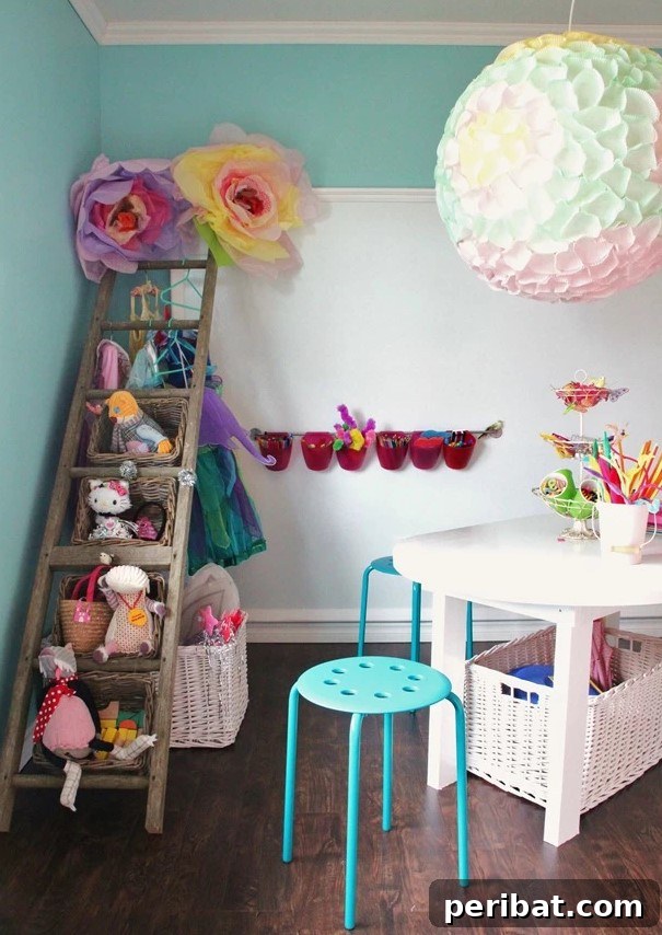 85 Genius Home Organization and Storage Hacks for Every Space 77 Ladder repurposed with baskets for stuffed animal storage