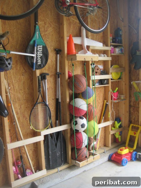 85 Genius Home Organization and Storage Hacks for Every Space 78 Bungee cords stretched across studs to hold sports balls