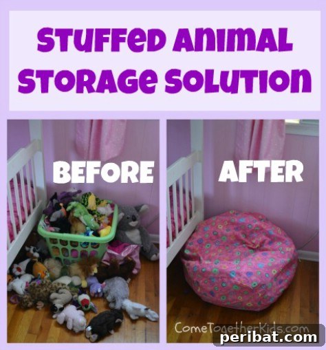 85 Genius Home Organization and Storage Hacks for Every Space 83 Bean bag cover filled with stuffed animals, doubling as seating