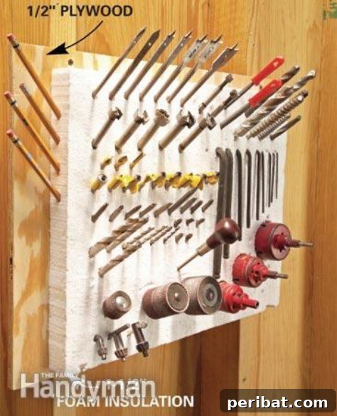 85 Genius Home Organization and Storage Hacks for Every Space 88 Plywood board with foam 'pincushion' for holding tools