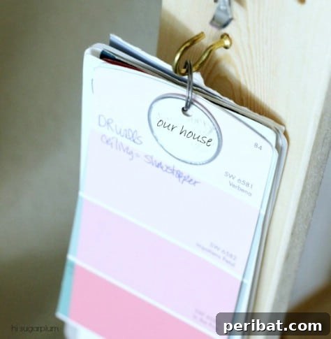 85 Genius Home Organization and Storage Hacks for Every Space 89 Paint swatches organized on a metal hook