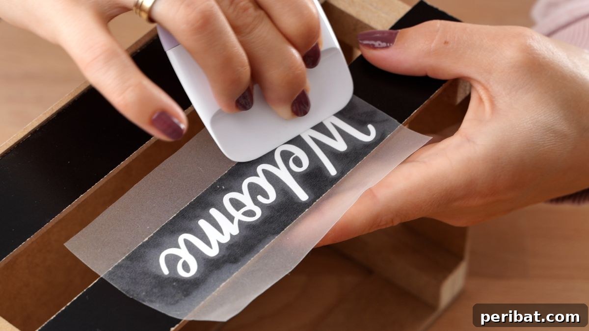 Create Custom Address Signs with Your Cricut 14 pressing welcome message onto basket