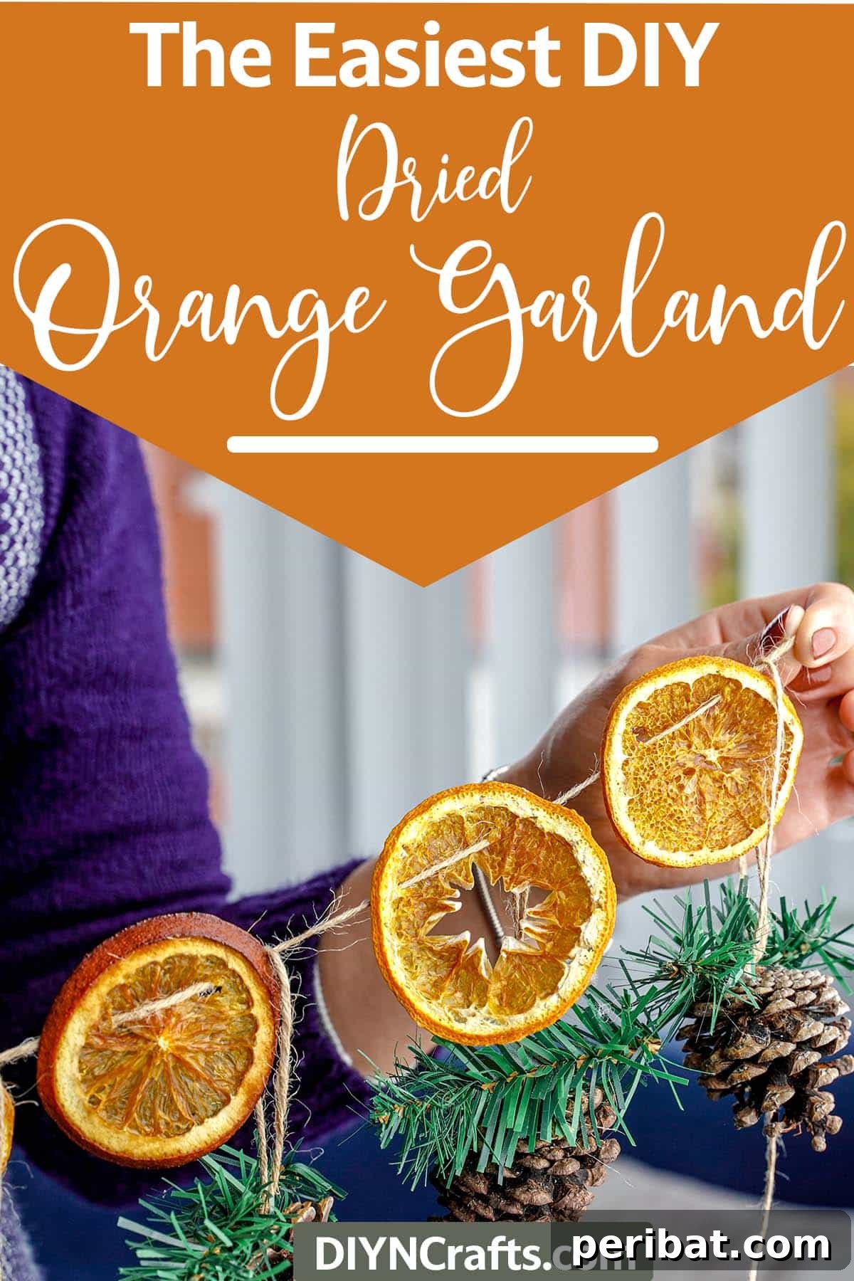 Citrus Slice Garland 11 holding a dried fruit holiday garland with text which reads the easiest diy dried orange garland