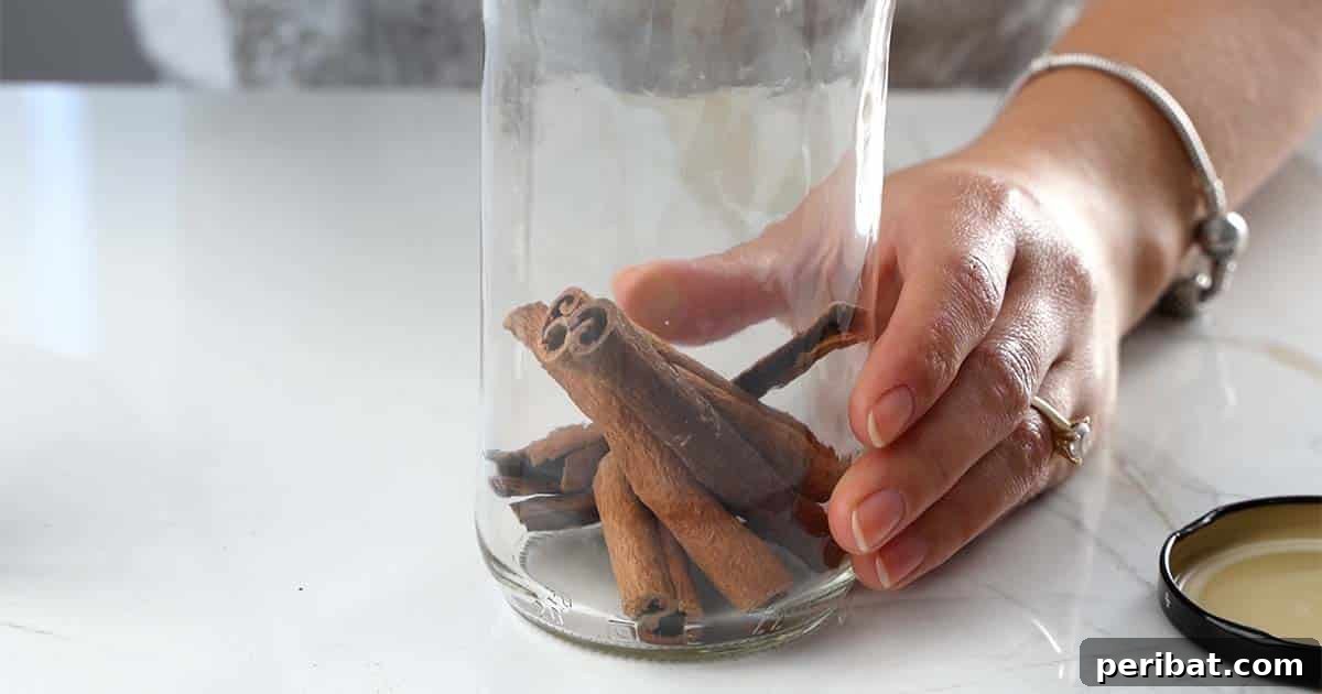 Mastering Homemade Cinnamon Extract 5 Placing cinnamon sticks into an empty glass jar to begin making homemade extract.