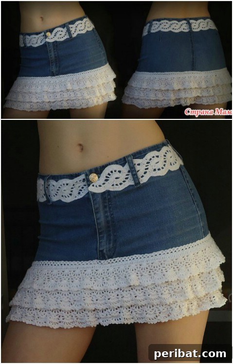 DIY denim skirt with elegant lace trim
