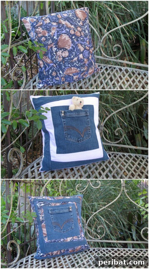 DIY denim cushion with pocket for remote or phone