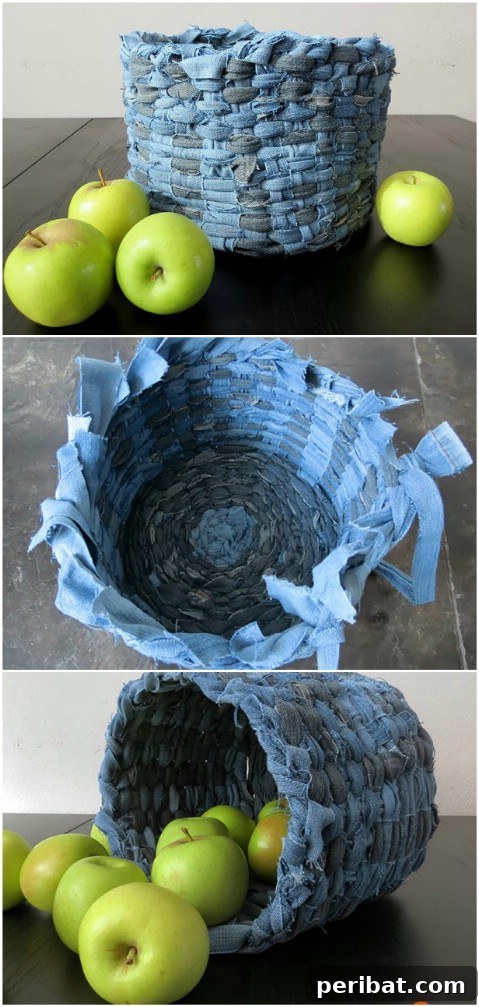 DIY woven denim basket from jean scraps for storage