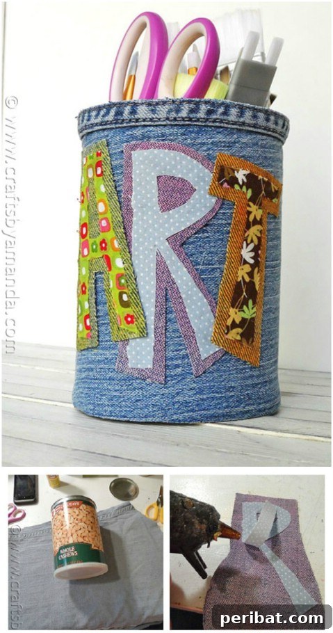 DIY denim covered pencil holder for desk organization