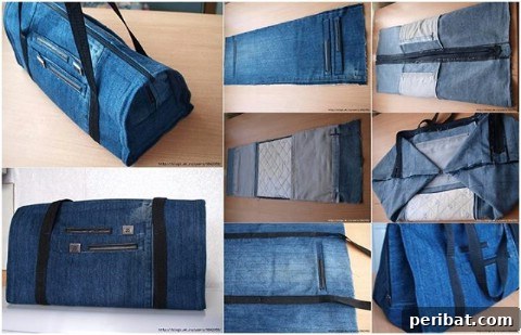 DIY denim duffle bag from old jeans for sports or travel