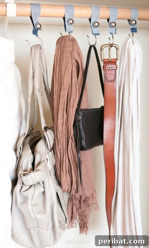 DIY denim closet organizers from shower curtain hooks for scarves