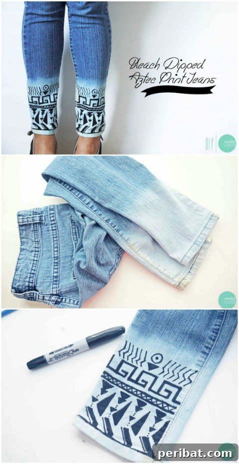 DIY dip-dyed and ornamented jeans with bleach