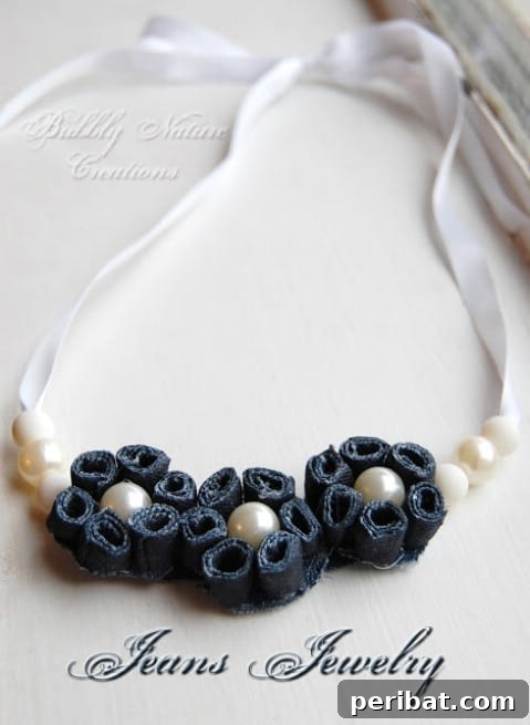 DIY elegant denim and pearl flower necklace design