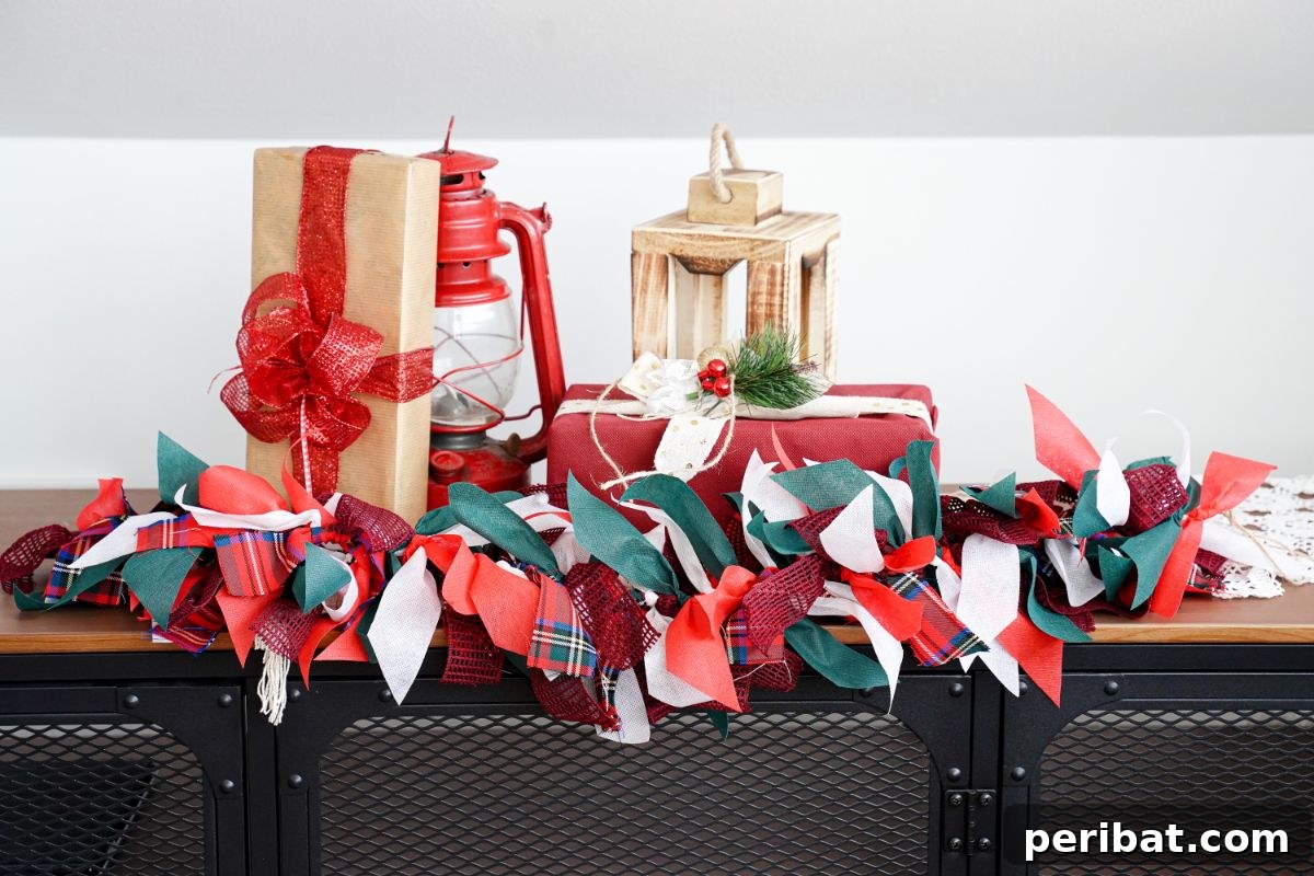 Handcrafted Rustic Christmas Rag Garland 12 Christmas garland on top of shelf