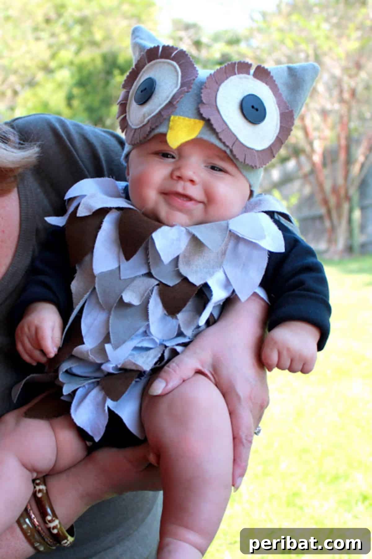 Spooktacularly Adorable DIY Baby Halloween Costume Ideas 11 Create a magnificent Owl baby costume with layered felt feathers on a onesie or a winged cape. A hoot-worthy DIY Halloween outfit for your little one.